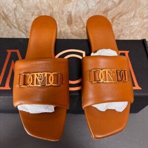 MCM Cognac Travis Leather Chain Flat Slide Sandals size 8